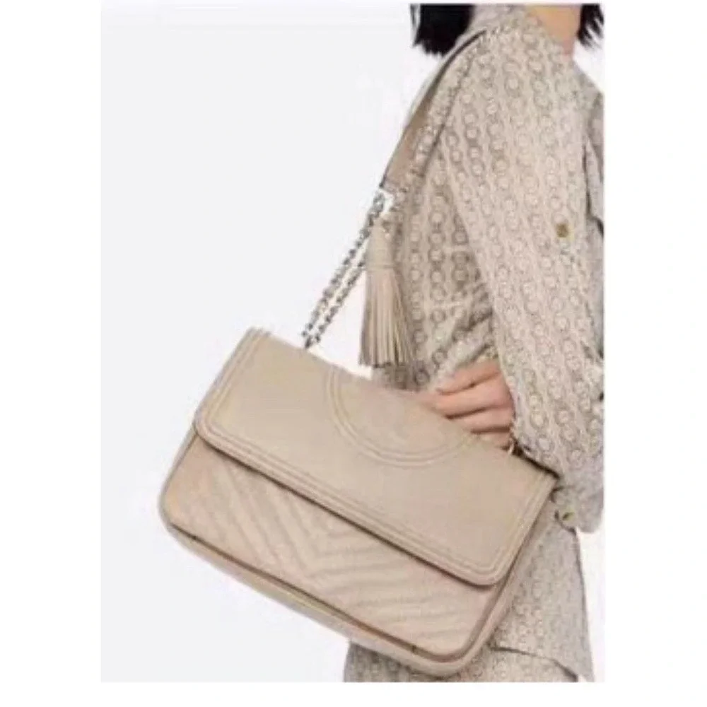 Tory Burch Fleming Distressed Flap, Tassel Shoulder Crossbody Bag Taupe 458$